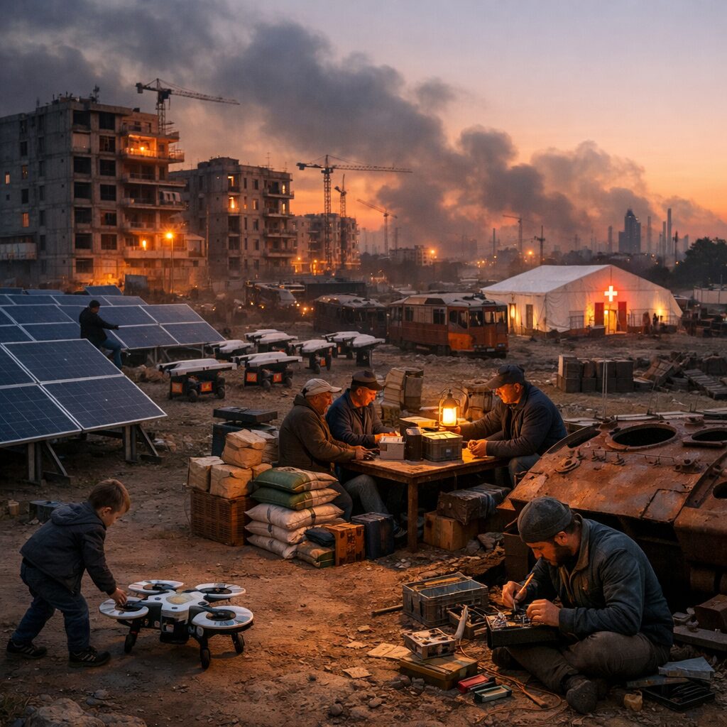 A twilight panorama of a city on the edge of recovery: half-renovated apartment blocks bathed in orange light, cranes silhouetted against a smoky sky, a field hospital tent glowing near a damaged tramway. In the foreground, a solar array being installed beside a convoy of delivery drones and a makeshift market where farmers trade fertilizer for batteries. Small details — a child pushing a refurbished toy drone, an engineer soldering a circuit next to a rusted tank hull — suggest how conflict, technology and daily life have been braided together in a single, uneasy landscape.