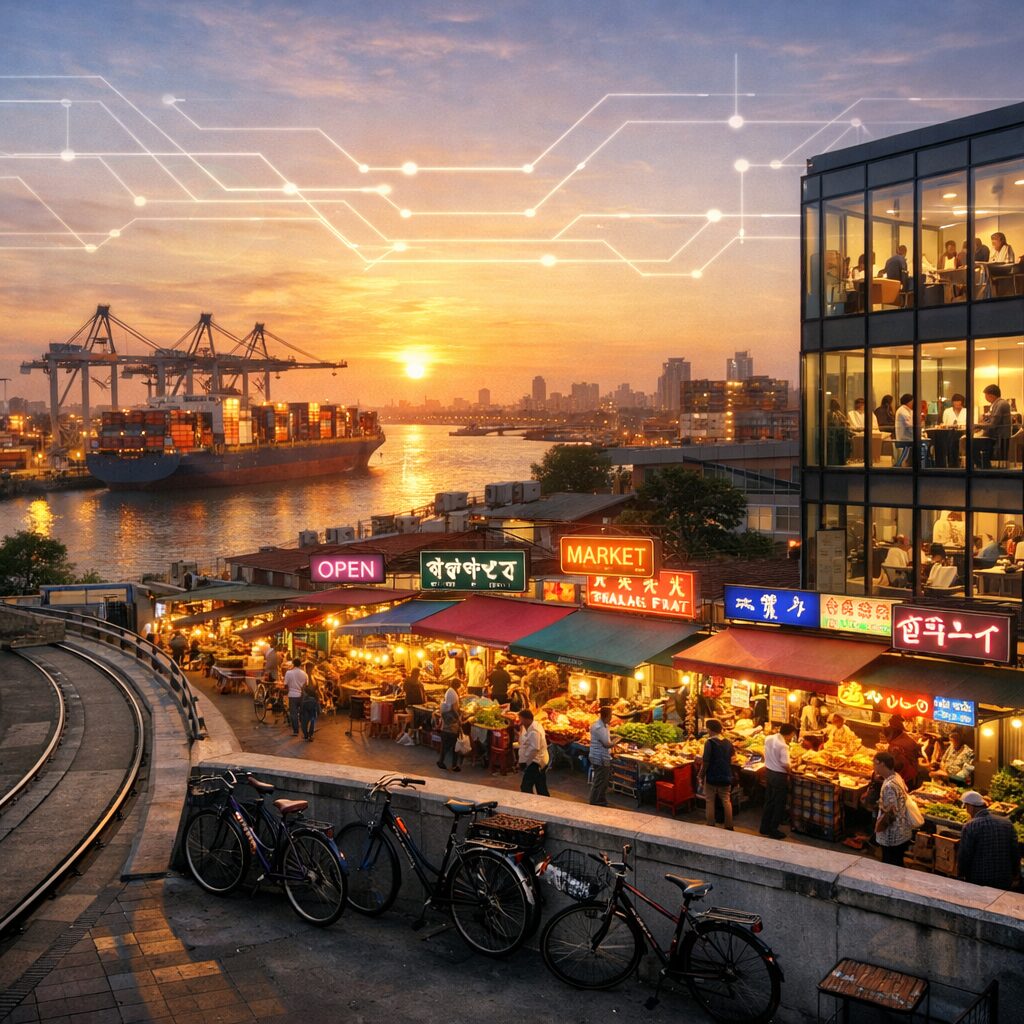 A wide-angle, sunlit cityscape seen from a rooftop at dusk: tramlines and bicycles in the foreground, a multicultural marketplace with produce stalls and neon signage in a dozen languages, a container ship visible on the distant river next to cranes at a port, and a glass-fronted building where people of different ethnicities work around laptops. Overlaid subtly in the sky are translucent lines like circuits connecting the port, market, office and ship, suggesting invisible flows of goods, data and culture knitting local scenes into a global network.