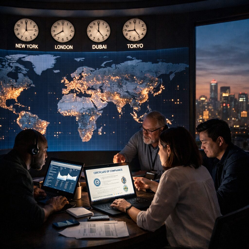 A high-resolution photo of a global command room at dusk: a curved wall of translucent world maps lit with pinpoints of major cities; a small, diverse team clustered around a central table with laptops displaying dashboards, compliance certificates and time-zone clocks; a window showing a city skyline with lights beginning to glow. The scene conveys coordinated activity across borders, low-lit screens reflecting faces focused on orchestrating continuous workflows and shared standards.