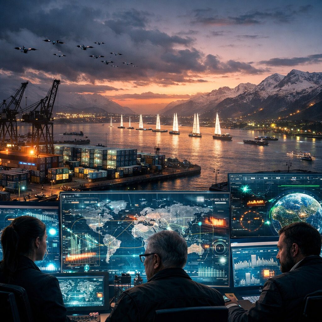 A dusk panorama of a coastal port transformed for the mid-21st century: rusted cranes beside sleek drone hangars; shipping containers stacked next to modular desalination units with flickering indicator lights; a line of solar sails on the horizon powering a convoy of autonomous ferries. Foreground shows analysts in a dim command hub, faces lit by data streams and holographic maps overlaying climate models and trade routes. In the sky, a quiet swarm of reconnaissance drones crosses a low cloudbank, while a distant glacier-fed river valley glows with sensor beacons — a visual synthesis of climate, commerce and conflict converging into a single, modern theatre.