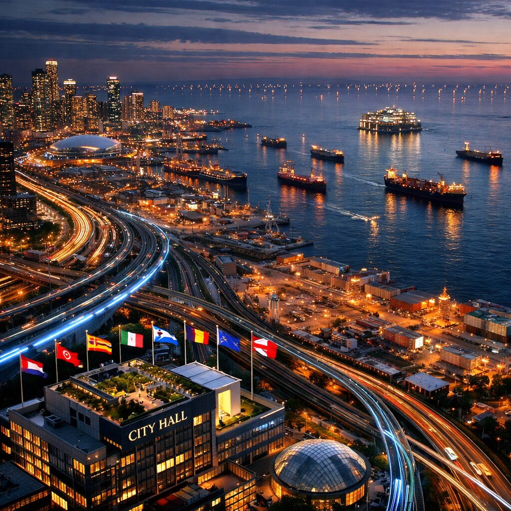 A high-resolution, slightly cinematic aerial panorama at dusk showing a sprawling port city where highways, rail lines and fibre-optic-lit conduits converge. In the foreground, a cluster of modern municipal buildings displays flags of multiple cities rather than nations. Offshore, container ships form a route that leads towards illuminated windfarms and an offshore data centre platform with blinking lights. The skyline blends corporate headquarters with cultural venues and a city hall rooftop garden, symbolising the intersecting layers of commerce, culture, data and subnational diplomacy that define the new international landscape.