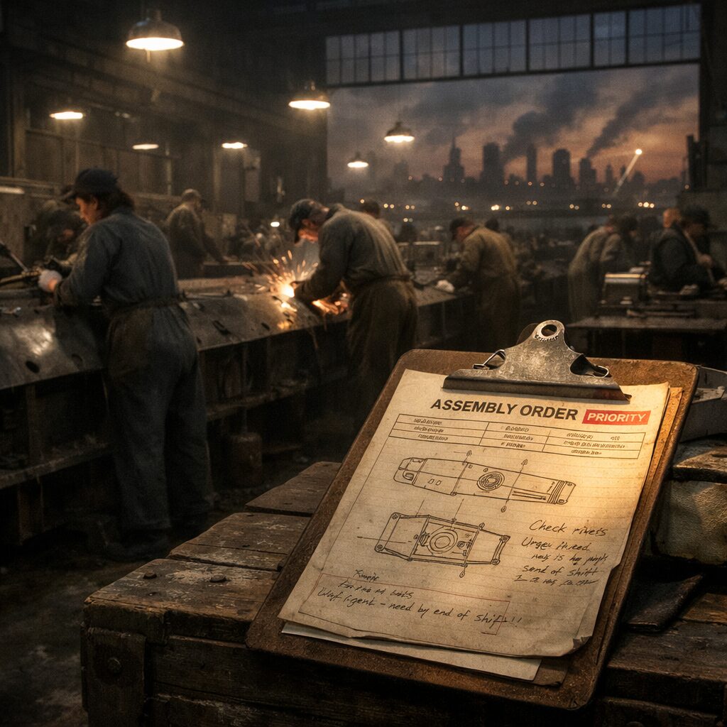 A sombre, hyper-realistic photograph-style scene: a wartime factory hall at twilight, long rows of machinery and assembly benches lit by harsh overhead lamps. A diverse group of workers — men and women in mid‑20th-century coveralls — move with focused urgency, welding hull plates and tightening bolts. In the foreground, a clipboard with stamped orders and a simplified parts diagram sits on a crate, its margins annotated in hurried handwriting. Through a high window, the silhouette of a city skyline shows distant plumes and searchlights, reminding the viewer of the wider conflict beyond the factory walls. The palette is muted — greys, oil-smeared metal, ochres from rust — with a single shaft of warm light striking the clipboard, symbolising the narrow, pragmatic gains emerging from a chaotic backdrop.