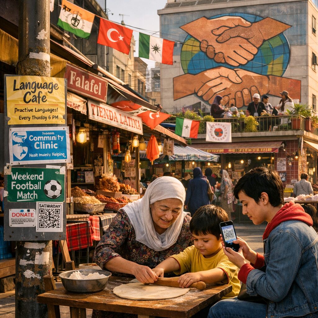 A sunlit urban market lane where flags and hand-painted signs in several languages hang over stalls selling spices, street food and textiles; a small community noticeboard taped to a lamppost displays flyers for a language café, a local clinic run by diaspora volunteers and a weekend football match. In the foreground, three generations of a family—an elder teaching a child to roll dough, a young person scanning a QR code to donate—share a bench. In the background, a mid-rise building bears a mural depicting interlocking hands and a stylised globe, while a balcony hosts a rooftop garden with neighbours chatting over tea. The scene captures both tactile neighbourhood life and subtle, visible traces of international networks.