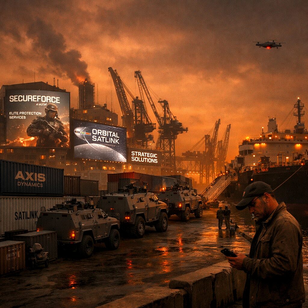 A dusk panorama of a port city where cranes silhouette against a smoky orange sky; in the foreground, a convoy of grey armoured vehicles and cargo containers stamped with corporate logos are being loaded onto a freighter. Digital billboards on nearby buildings display rotating ads for private security firms and satellite-reconnaissance platforms. On a quay, a weary-looking ex-serviceman in civilian clothes checks his phone; a drone hovers unseen above, its red navigation light barely visible. The scene blends commerce, technology and military hardware into a single, uneasy tableau that suggests war has become an industry integrated into everyday urban life.