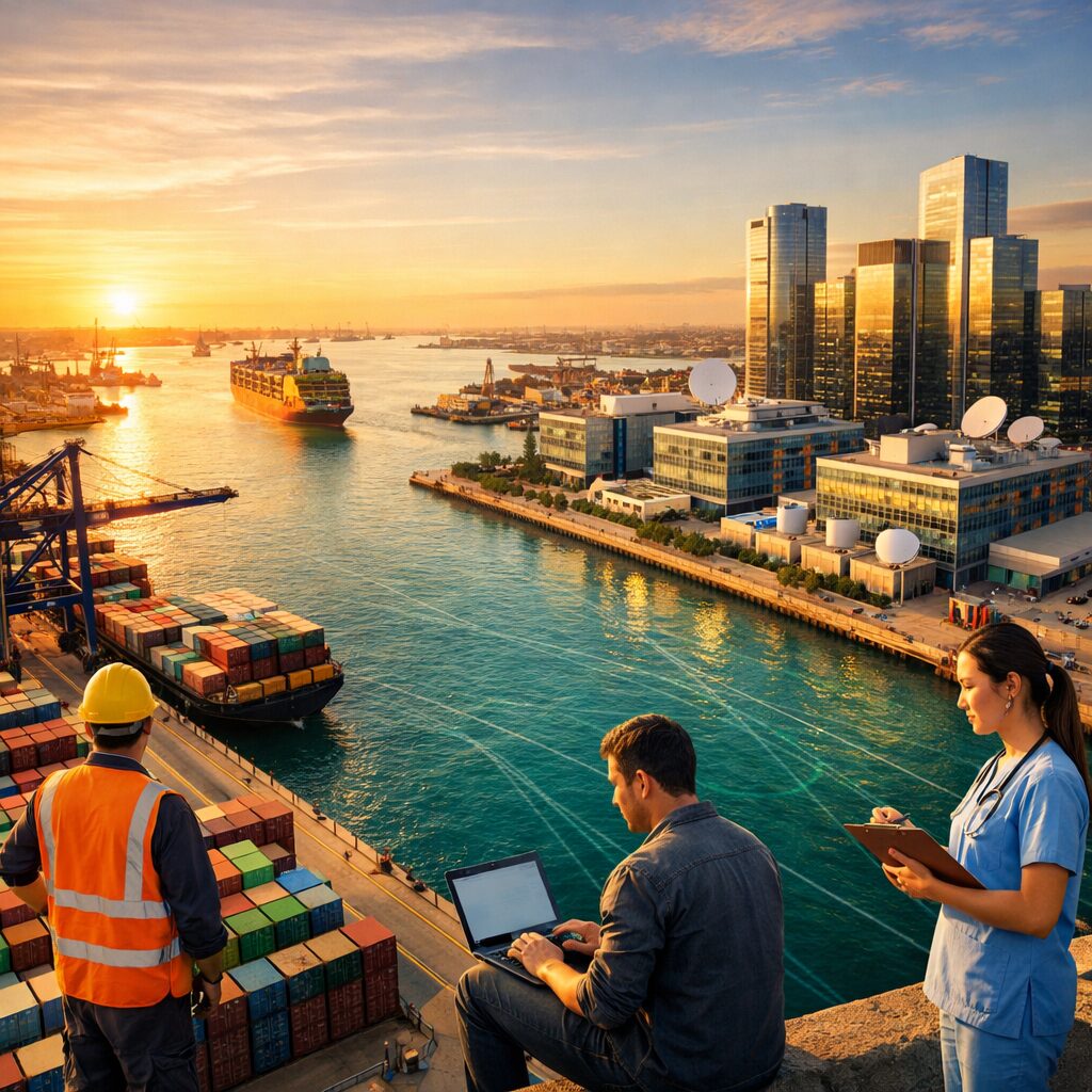 A wide-angle, high-resolution photograph taken at golden hour from above a major port and nearby data-hub campus. In the foreground, stacked shipping containers in rainbow hues form geometric patterns along quaysides where cranes cast long shadows. Beyond them, a glass-and-steel campus of server buildings and satellite dishes sits beside a cluster of office towers, their windows reflecting the sunset. A cargo ship glides toward a busy horizon, while faint cables fan out beneath turquoise water indicated by subtle surface refraction. People — a dockworker, a software engineer with a laptop and a nurse with a clipboard — are placed in separate thirds of the image, scaled to suggest interdependence. The mood is busy but orderly, hinting at invisible connections that sustain everyday life.
