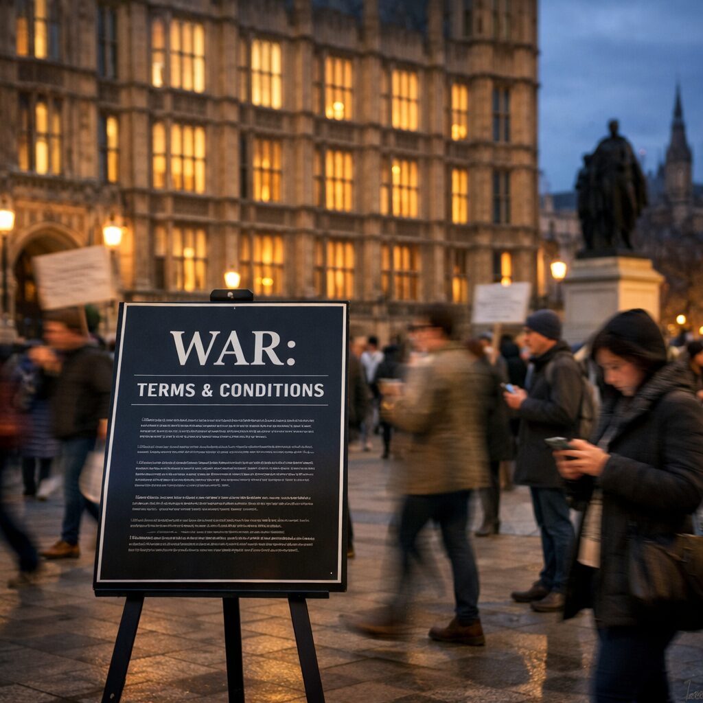 A realistic photograph at dusk of a stately public square outside a parliamentary building. In the foreground, a glossy showroom-style placard on an easel reads 'WAR: TERMS & CONDITIONS' in stark type; tiny lines of legalish text are visible but unreadable. Behind it, protesters and passersby blur into motion — some holding placards, others on phones — while warm interior lights glow through the parliament's tall windows. The scene conveys civic debate, commercialised rhetoric and the heavy, human backdrop to political decisions.