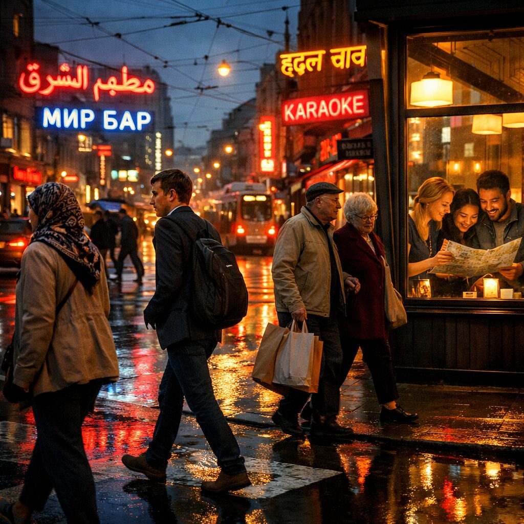 A cinematic street-level photograph taken at dusk: a busy city intersection where neon signs in multiple scripts (Arabic, Cyrillic, Devanagari and Latin) glow against a rain-slick pavement. People of varied ages and dress — a woman in a patterned headscarf, a young man in a blazer with a backpack, an elderly couple holding shopping bags — cross paths beneath a tram line. Reflections of the signs ripple in puddles, and a single café window frames inside a group laughing over a map. The composition suggests layered mobility, linguistically rich public space and a human scale intimacy that captures the emotional pull of the international.