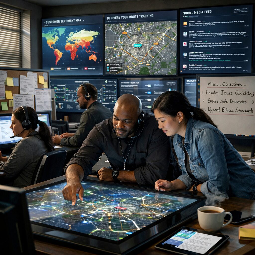 A realistic, high-resolution scene inside a modern corporate 'war room': a dimmed operations floor with large wall-mounted screens displaying live customer sentiment maps, delivery routes, and social media feeds. Diverse team members — some in headsets, others pointing at a touchscreen table map — coordinate responses in hushed, focused tones. Post-it notes and AAR-style printouts are pinned on a sideboard; a cup of coffee steams beside a tablet showing a customer chat transcript. Natural light filters through blinds, softening the clinical tech with human warmth, while a whiteboard lists clear mission intents and ethical guidelines, signalling a blend of military discipline with empathetic service.