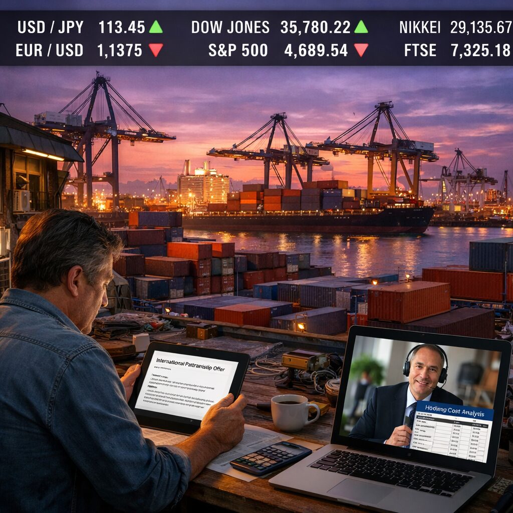 A wide‑angle photograph of a bustling port at dusk: containers stacked like city blocks, cranes silhouetted against a purple sky, and digital tickers superimposed showing FX rates and equity indices. In the foreground, a small workshop owner studies a tablet showing an email titled "International Partnership Offer", while a bank officer on a video call displays a spreadsheet of hedging costs. The scene captures the human scale of global market ripples — local actors, global flows and financial markets intertwined.