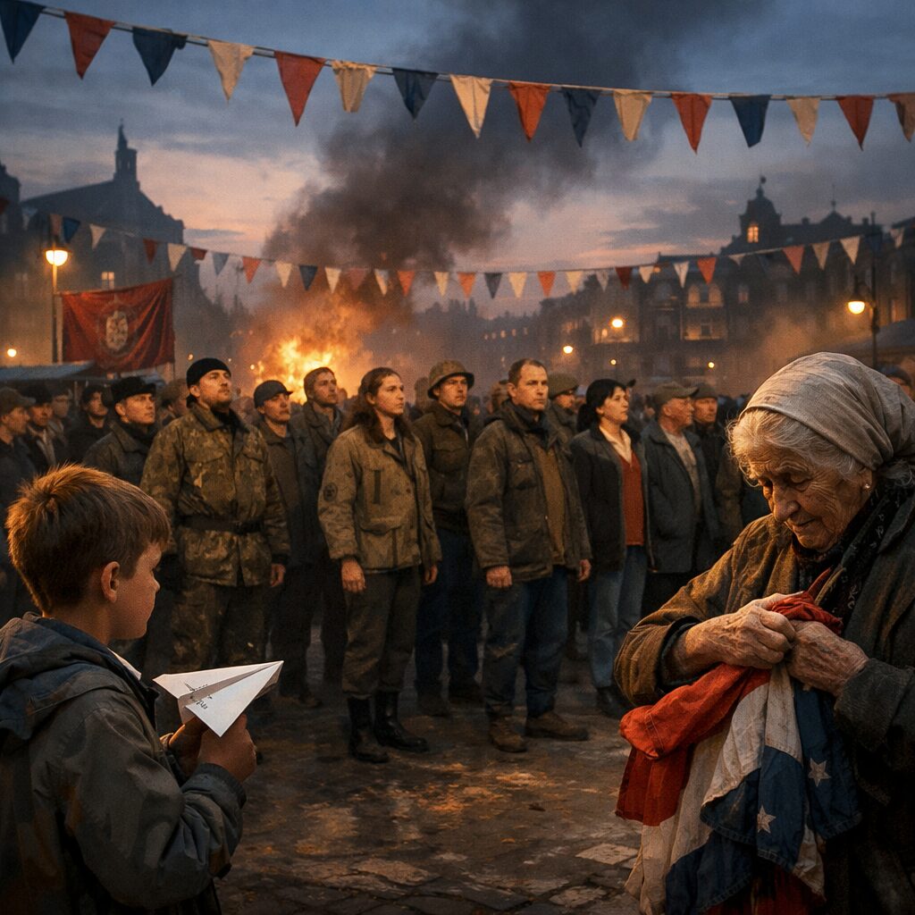 A dusk-lit scene on a city square transformed into a makeshift parade ground: a small cohort of civilians in mixed modern clothing and faded uniforms stand in a loose formation beneath a string of bunting. Faces are a mixture of exhilaration and melancholy; smoke from a distant bonfire blurs the skyline. A child watches from the edge, clutching a paper aeroplane, while an elderly woman folds a well-worn flag. The composition emphasises ritual and spectacle—uniforms, banners, light and shadow—conveying how communal aesthetics can make conflict appear like a meaningful, almost beautiful event despite underlying sorrow.