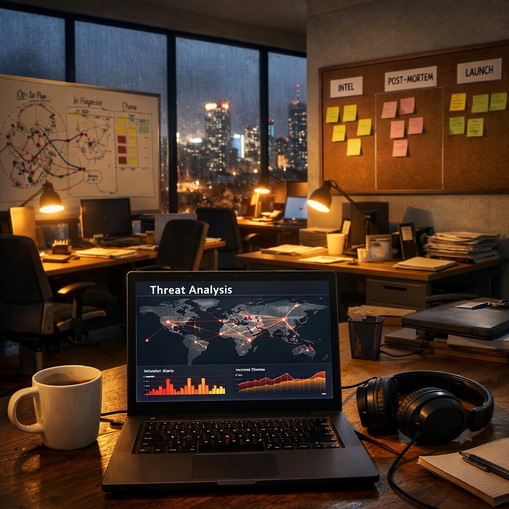 A wide-angle photograph of a contemporary open-plan office at dusk: warm desk lamps glow amid empty chairs, a whiteboard bears scrawled campaign maps and kanban columns, and a pinned corkboard displays sticky notes labelled 'intel', 'post-mortem' and 'launch'. In the foreground a laptop screen shows a threat map—overlapping timelines and alerts—while a half-drunk coffee and a pair of headphones hint at long hours. Outside the floor-to-ceiling windows, the city skyline is blurred by rain, suggesting both urgency and isolation; the scene feels operational, intimate and slightly exhausted, capturing the intersection of military language, digital defence and everyday professional life.