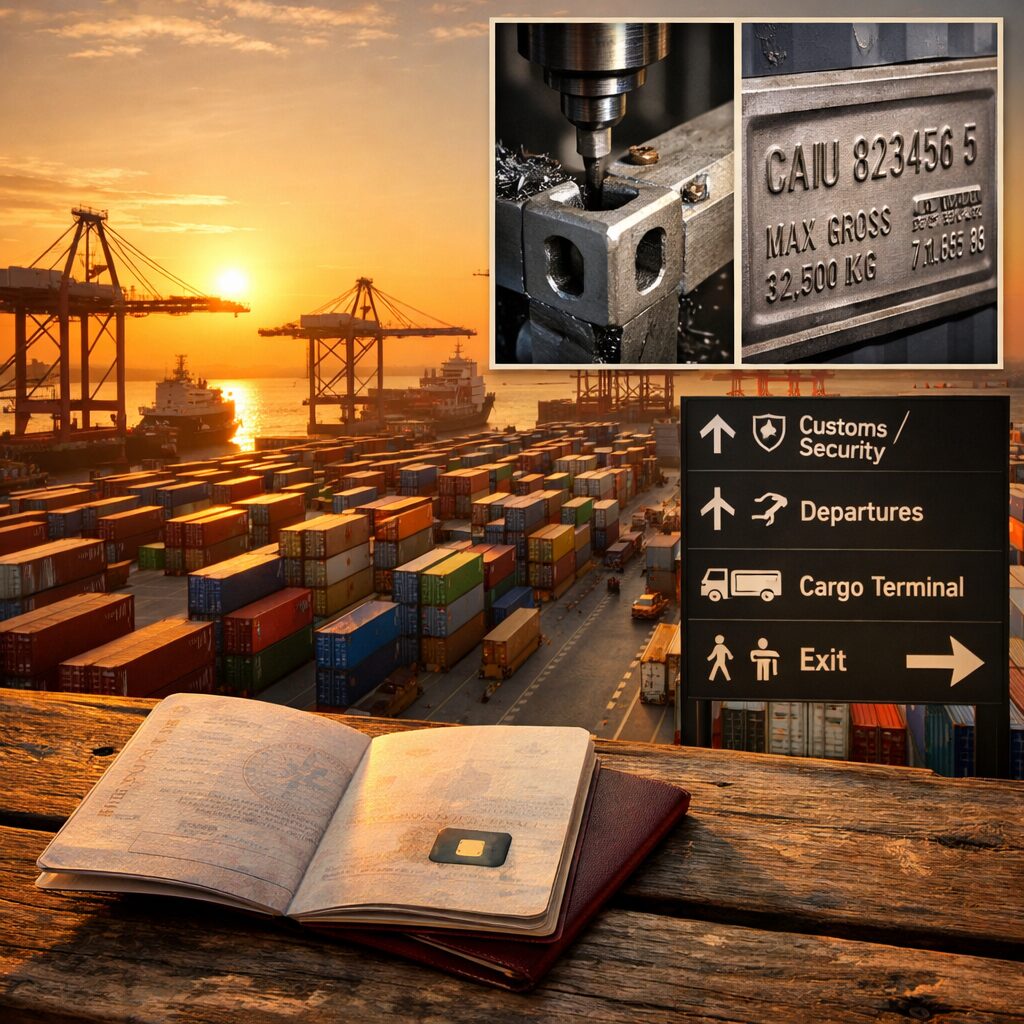 A wide-angle shot of a busy container port at golden hour: rows of multicoloured steel boxes stacked like a city grid, cranes silhouetted against a low sun, a close-up inset showing the precise machining of a container's corner casting and embossed serial plate. In the foreground, an open passport lies on a weathered wooden table, its biometric chip gleaming faintly; a wayfinding sign in the background uses clear, high-contrast typography and universal pictograms, suggesting the layered design systems that let people and goods cross borders safely and predictably.