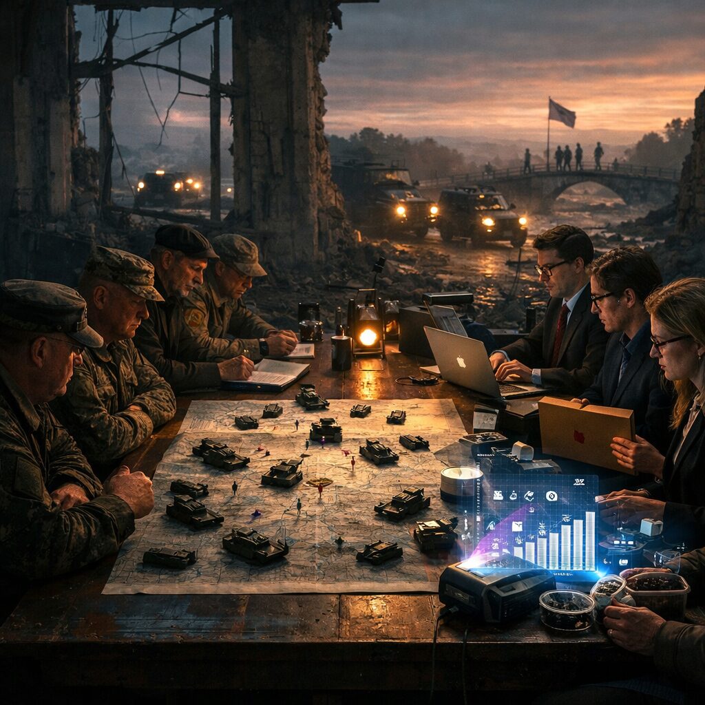 A cinematic, high-resolution scene at dusk showing a long table in a ruined town hall. On one side of the table sit uniformed military officers and a map scattered with miniature tanks and pins. Opposite them are economists with laptops, lawyers holding sealed folders, climate scientists with soil samples and a social media strategist projecting data visualisations. Outside a shattered window, a convoy of private military vehicles passes while in the distance diplomats walk across a bridge towards a white flag. The light is cold and amber, highlighting contrasting faces and tools—a visual metaphor for the crowded marketplace of options that compete with war.
