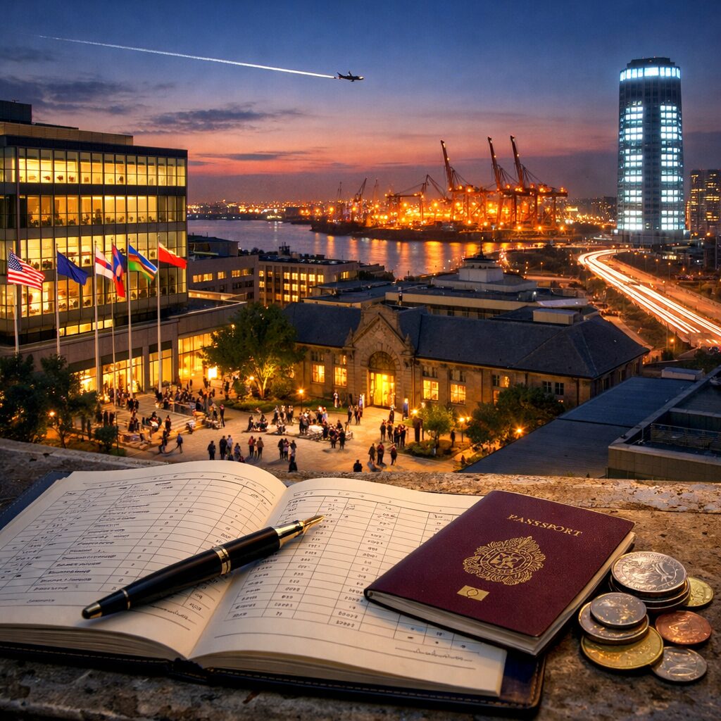 A wide, rooftop view at dusk of a capital city where divergent elements meet: a modern glass embassy block with flags fluttering, a university courtyard with students from varied backgrounds, shipping cranes lit against a harbour and an illuminated data‑centre tower. Light trails from vehicles and a distant plane crossing the sky suggest constant movement. Foreground shows a ledger and a fountain pen beside a passport and a small stack of international coins—visual metaphors for balance sheets and long‑term investments across borders.