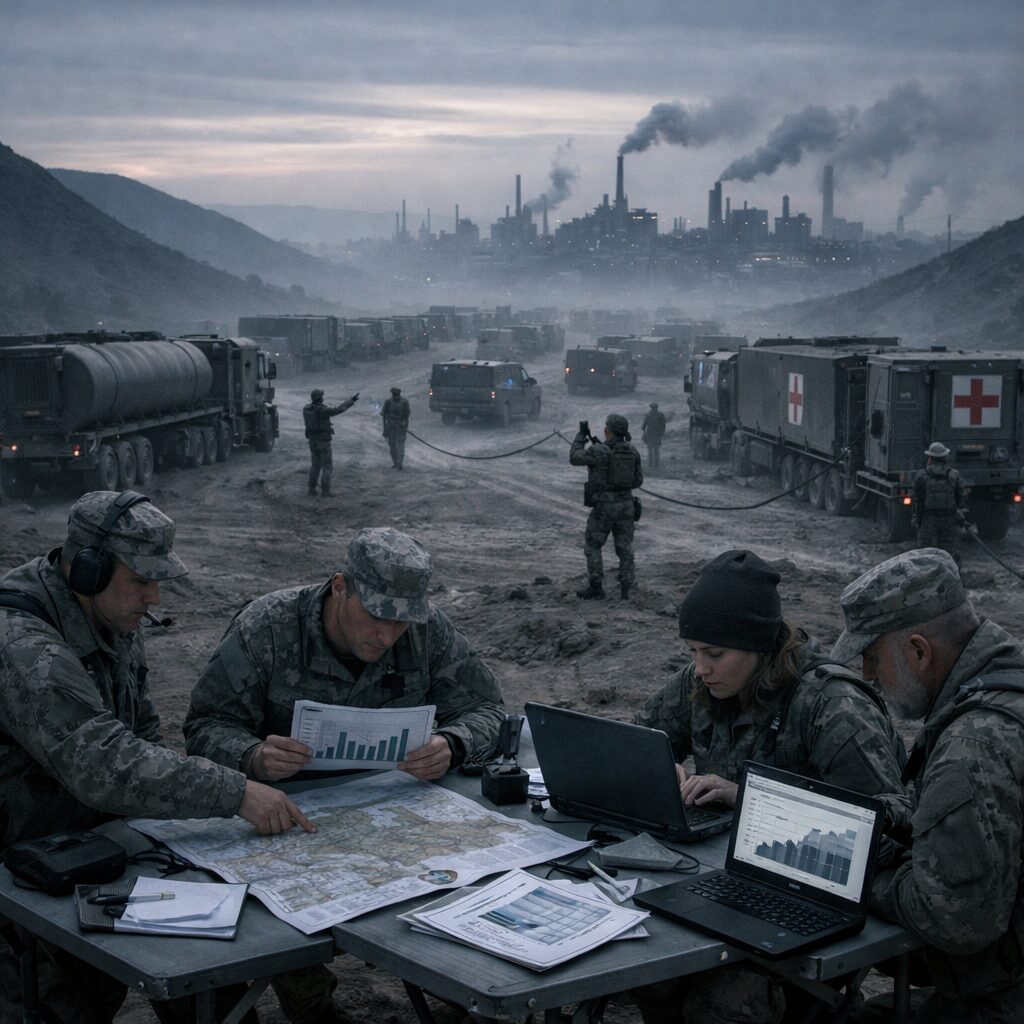 A wide-angle, realist photograph at dawn showing a long military logistics convoy threading a dusty valley: armoured trucks, fuel tankers and modular medical units linked by cables and personnel. In the foreground, a group of analysts around a folding table with maps, laptops and printed supply-chain graphs; in the mid-ground, soldiers signalling across the convoy; in the background, a silhouetted industrial city whose factories are belching smoke. The lighting is cold and grey, emphasising the engineered, systemic nature of modern warfare rather than battlefield heroics.
