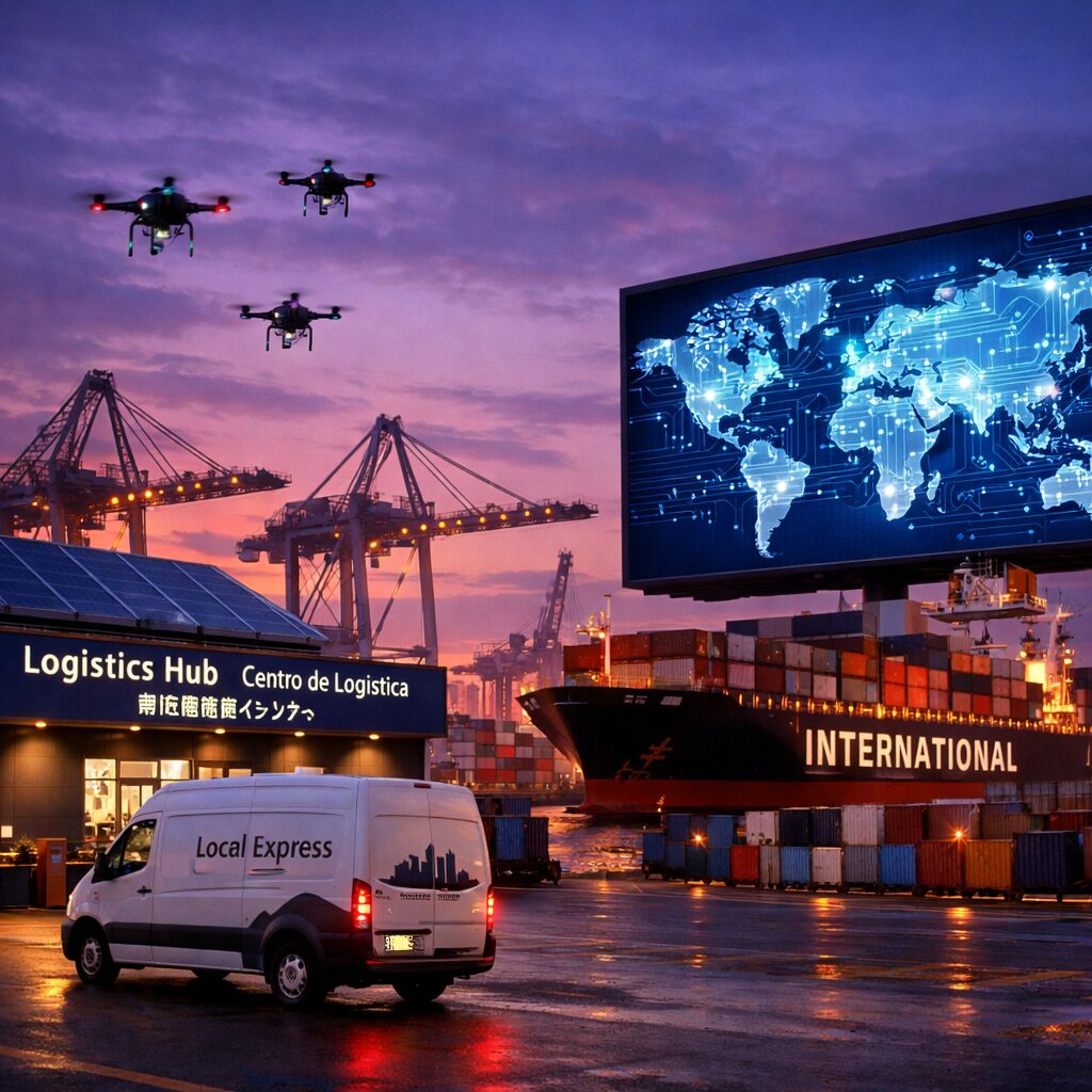 A wide-angle photograph of a bustling port at dusk, cranes and containers silhouetted against a purple sky. In the foreground, a new solar-panelled warehouse bears multilingual signage; a small delivery van with local branding reverses past a large container ship marked 'INTERNATIONAL'. Drones buzz overhead while a digital billboard displays a world map interlaced with circuit-board traces, suggesting the convergence of logistics, technology and local markets. The scene captures contrast: global scale, local operators and digital overlays coexisting in one frame.