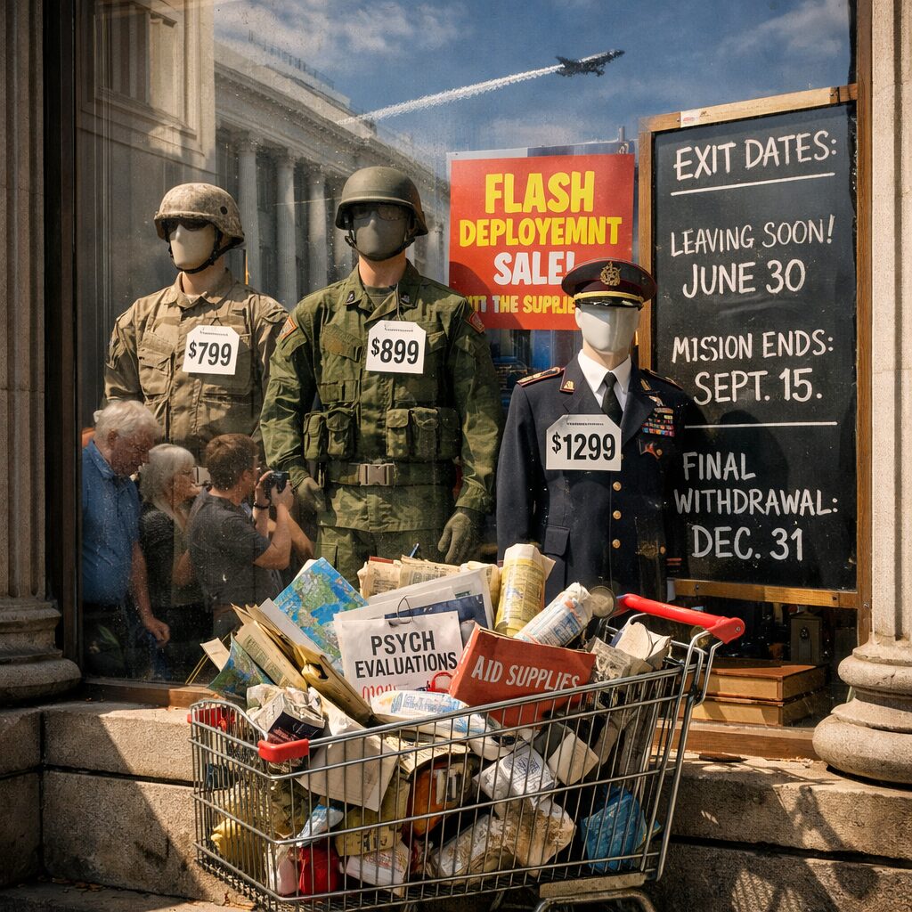 A hyper-realistic photograph of a stately government building window transformed into a retail display: mannequins dressed in military uniforms stand beside price tags, bright posters advertise ‘Limited-Time Interventions’ and a chalkboard lists exit dates like sale end times. Sunlight falls across a discarded shopping trolley full of maps, psychological assessments and torn-up aid packages. In the reflection of the glass, ordinary citizens gather on the pavement — some peering in with concern, others taking photographs — while a distant military aircraft traces a contrail across a grey-blue sky. The scene is both absurd and solemn, capturing commerce metaphors imposed on human conflict.