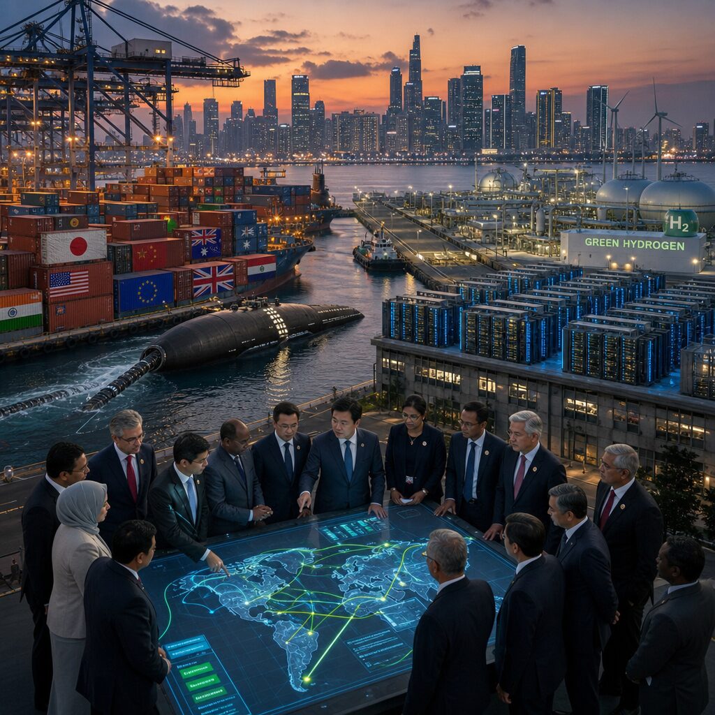 A panoramic scene at dusk showing a modern port city’s skyline merging with a cluster of server farms and an adjacent green hydrogen plant. In the foreground, a diverse group of city officials, corporate executives and community leaders consult over a holographic map projecting trade lanes, data flows and energy grids. Shipping containers stamped with multiple national flags sit beside electric cranes; a cable-laden submarine starts its descent into the sea. The atmosphere is pragmatic and collaborative, lit by warm streetlights and the cold blue glow of data centres, symbolising the convergence of urban diplomacy, tech infrastructure and green industry in the new international order.