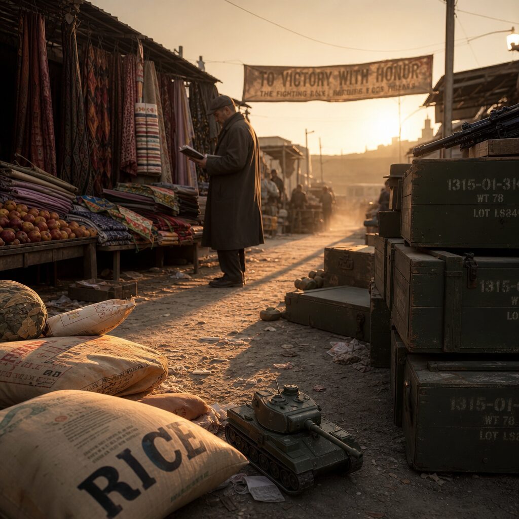 A cinematic, realist photograph of a deserted open-air market at dusk where ordinary stalls selling textiles and fruit sit beside crates labelled with stencilled military serials. Dust swirls in the golden light; a lone shopper in a weathered coat examines a catalog while a distant banner flaps with a blurred propaganda slogan. In the foreground, a child’s toy tank lies abandoned among packets of rice, suggesting the uneasy overlap between commerce, daily life and instruments of conflict.