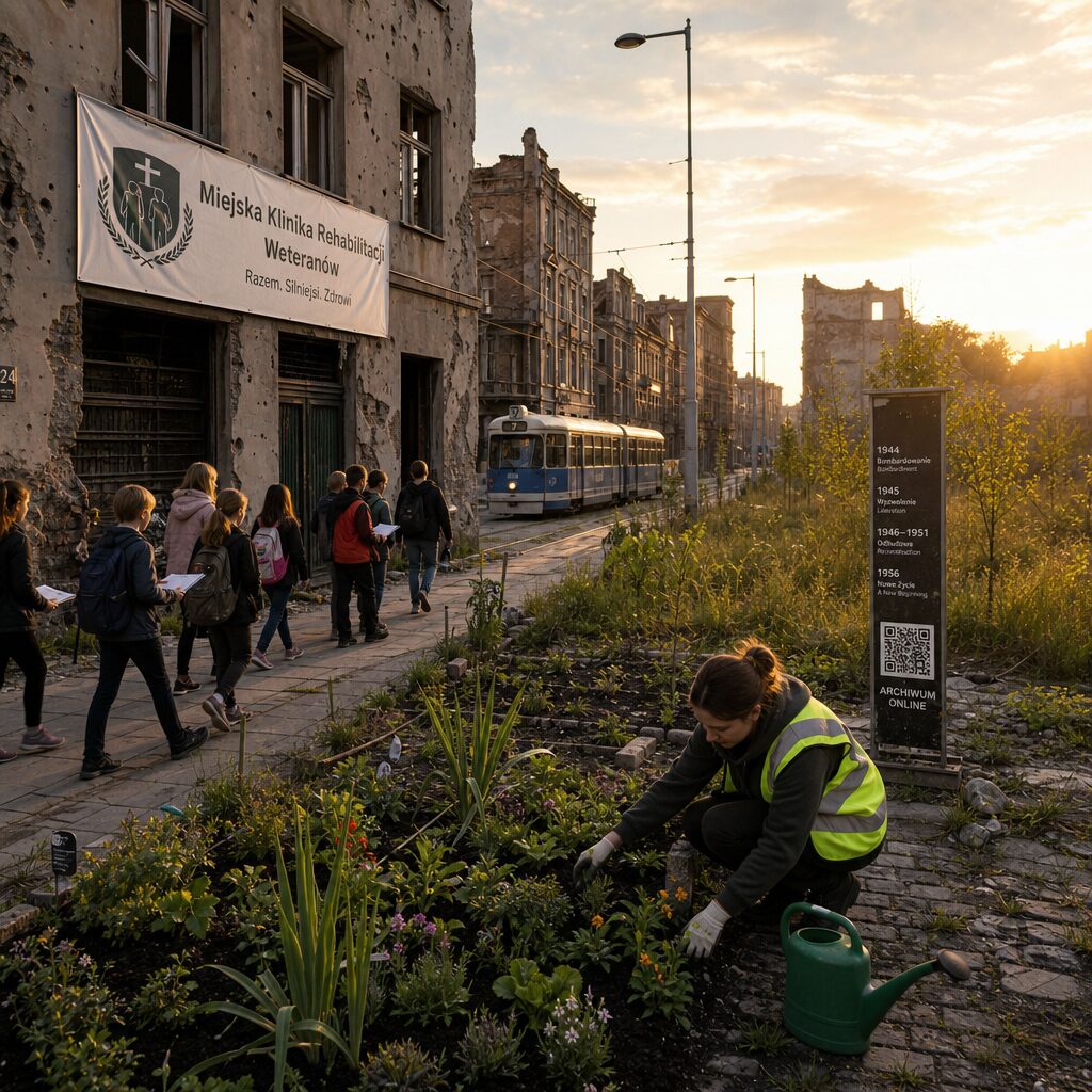 A wide-angle, realist photograph at golden hour: a ruined urban street from a mid-sized European city with crumbling façades and a single tramline; in the foreground a young woman in a reflective safety vest tends a small community garden sprouting between cracked paving stones. Behind her, a banner on a dented municipal building advertises a veterans’ rehabilitation clinic, and a group of schoolchildren walk past, carrying sketchbooks. In the distance, a rewilded vacant lot shows tall grasses and saplings where houses once stood; a signpost lists historical dates and a QR code linking to an online archive. The light is warm, emphasising texture and the tension between ruin and quiet regeneration.